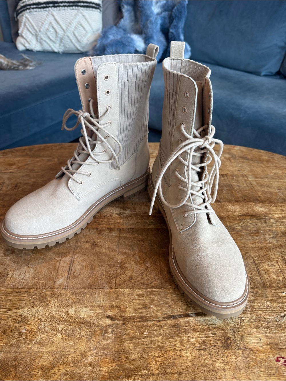 Oasis Society size 8 Neutral Tan Lace-Up Combat Boots with Ribbed Shaft